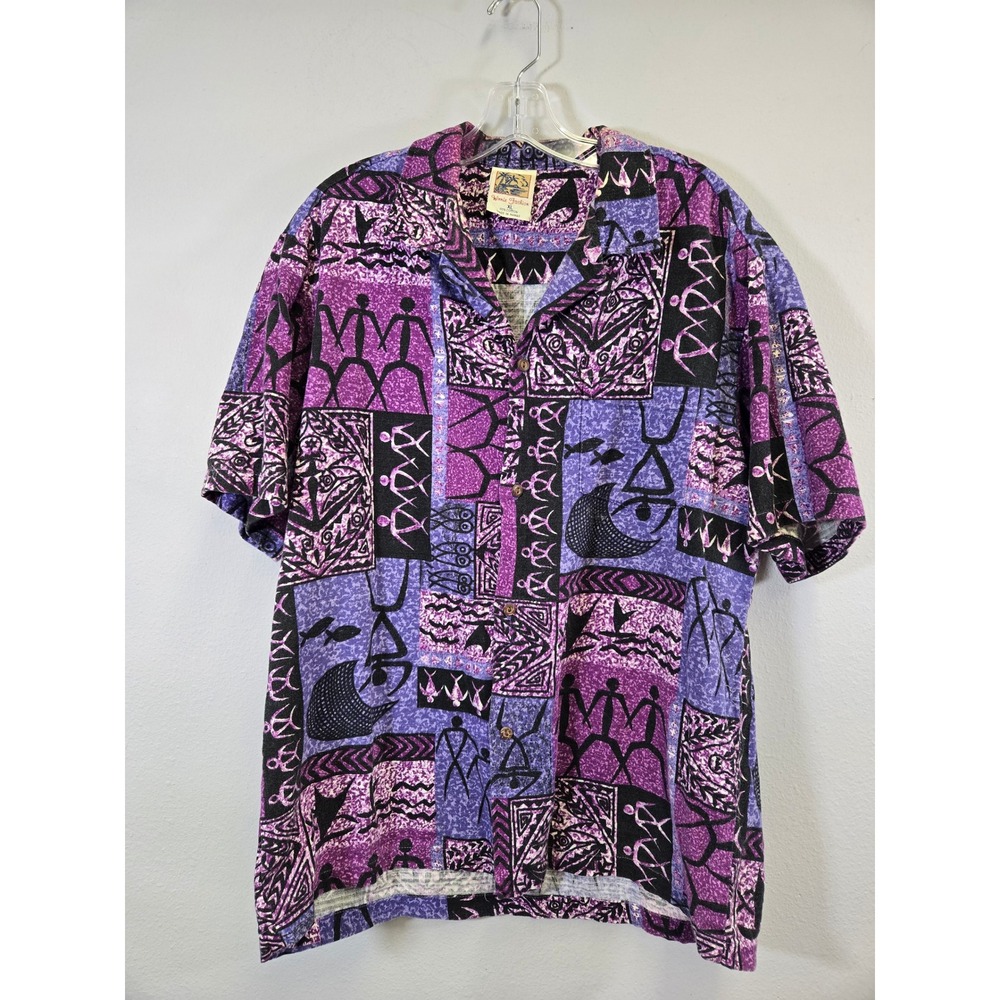 Winnie Fashion Hawaiian Tribal Abstract Print Cotton Button Down Shirt XL